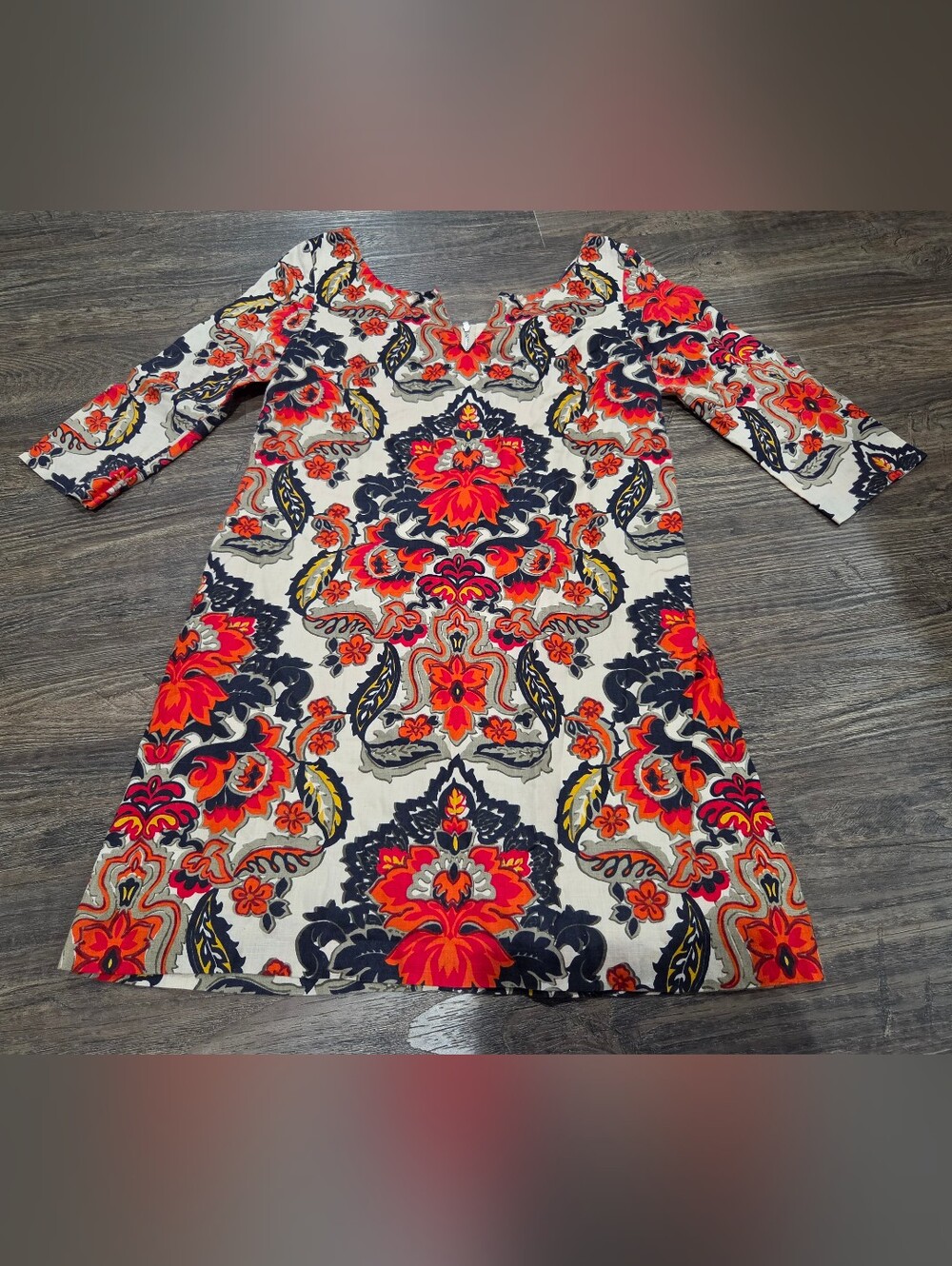 J. Crew Cream Mini Dress with Red, Navy & Yellow Floral Medallion Print Linen 8